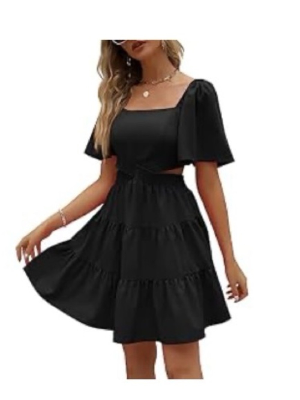 Square Neck Black Tiered Mini Dress with Flutter Sleeves